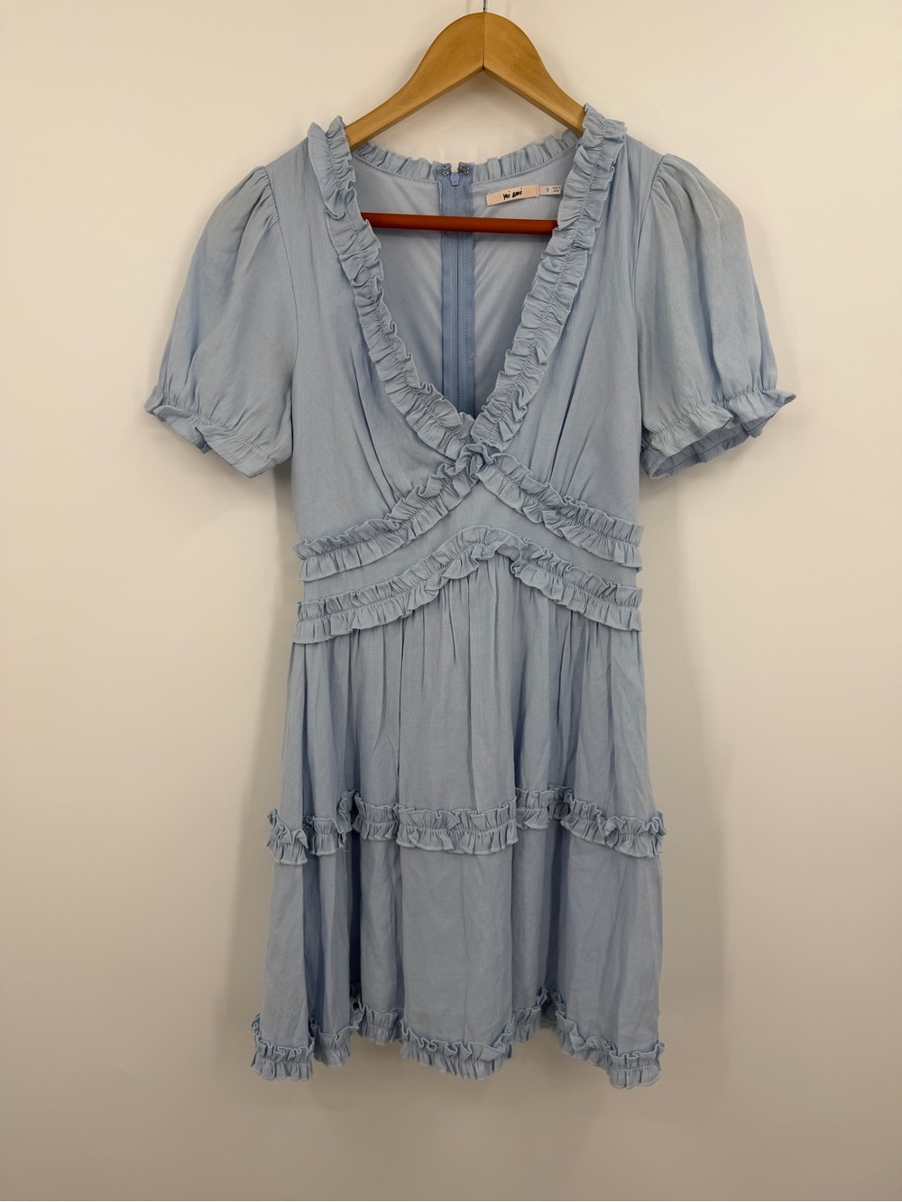 Mi Ami Baby Blue Ruffle Trim Deep V Babydoll Mini Dress Puff Sleeve